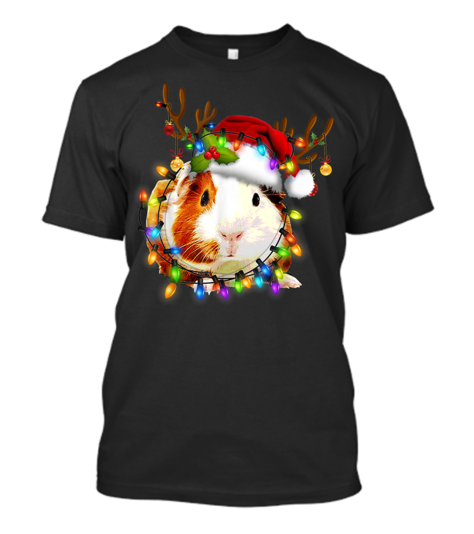 Guinea Pig With Christmas Lights And Reindeer Antlers In Santa Hat T-Shirt