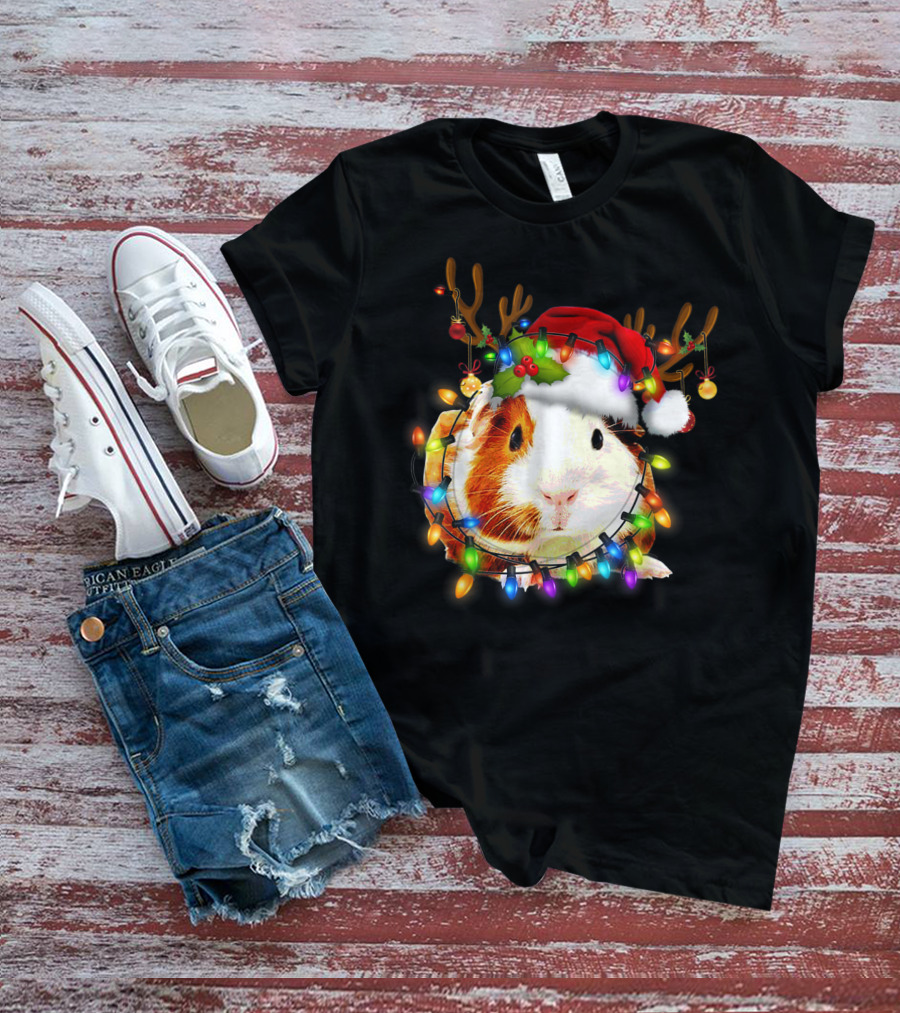 Guinea Pig With Christmas Lights And Reindeer Antlers In Santa Hat T-Shirt