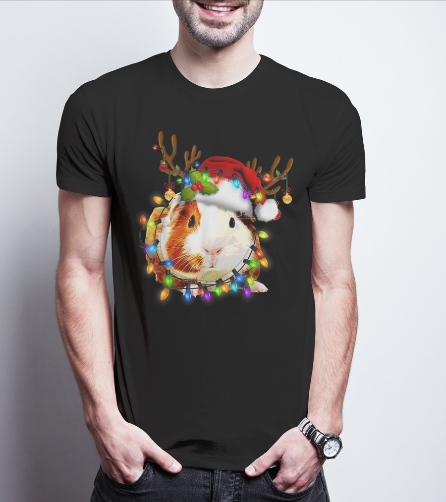 Guinea Pig With Christmas Lights And Reindeer Antlers In Santa Hat T-Shirt
