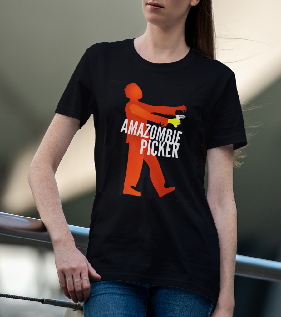 Amazombie Picker Walking Zombie Silhouette With Coffee Cup T-Shirt