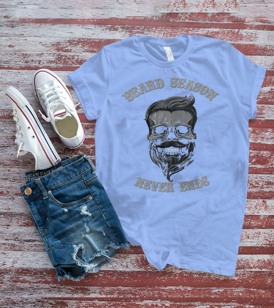 Beard Season Never Ends Skull With Mustache And Hair T-Shirt