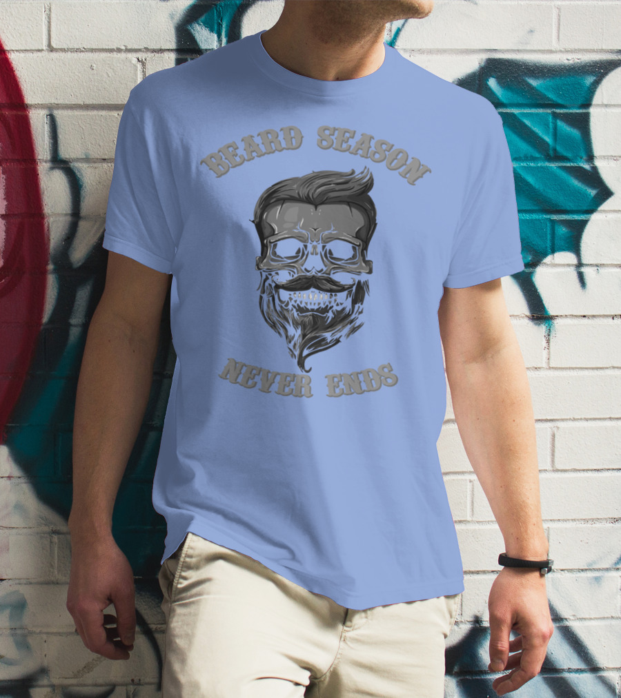Beard Season Never Ends Skull With Mustache And Hair T-Shirt
