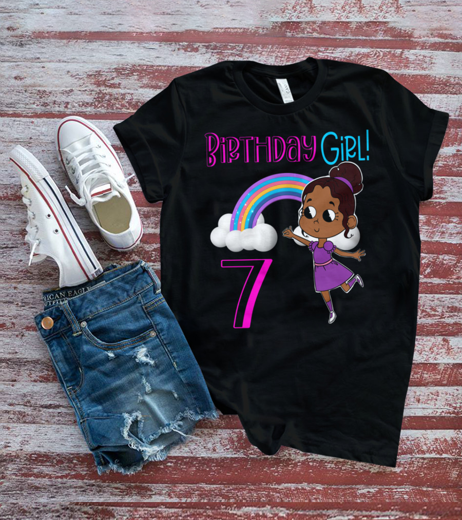 Birthday Girl 7 African American With Rainbow And Dancing Child T-Shirt