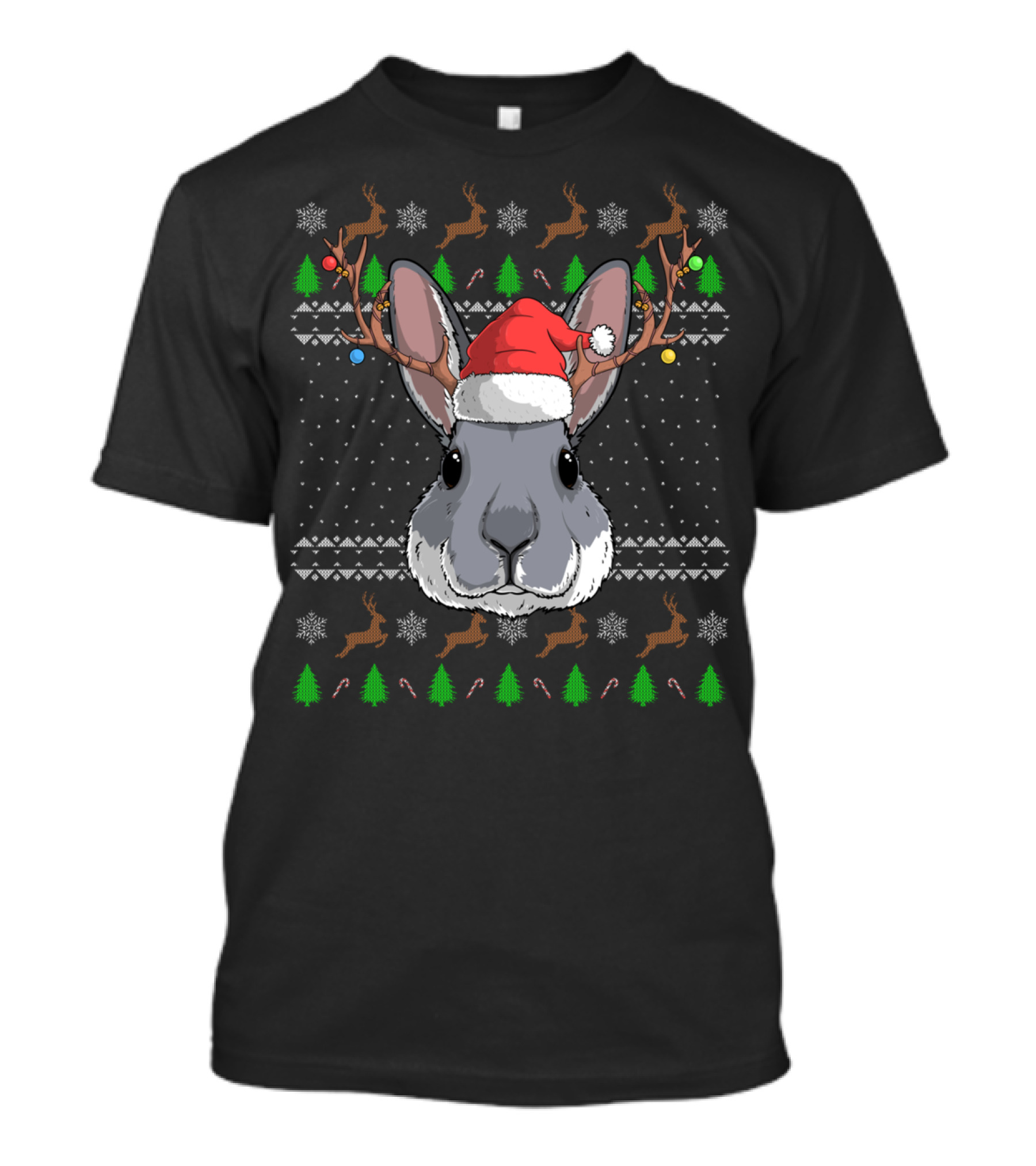 Bunny Rabbit Wearing Santa Claus Hat With Antler Reindeer And Christmas Trees T-Shirt