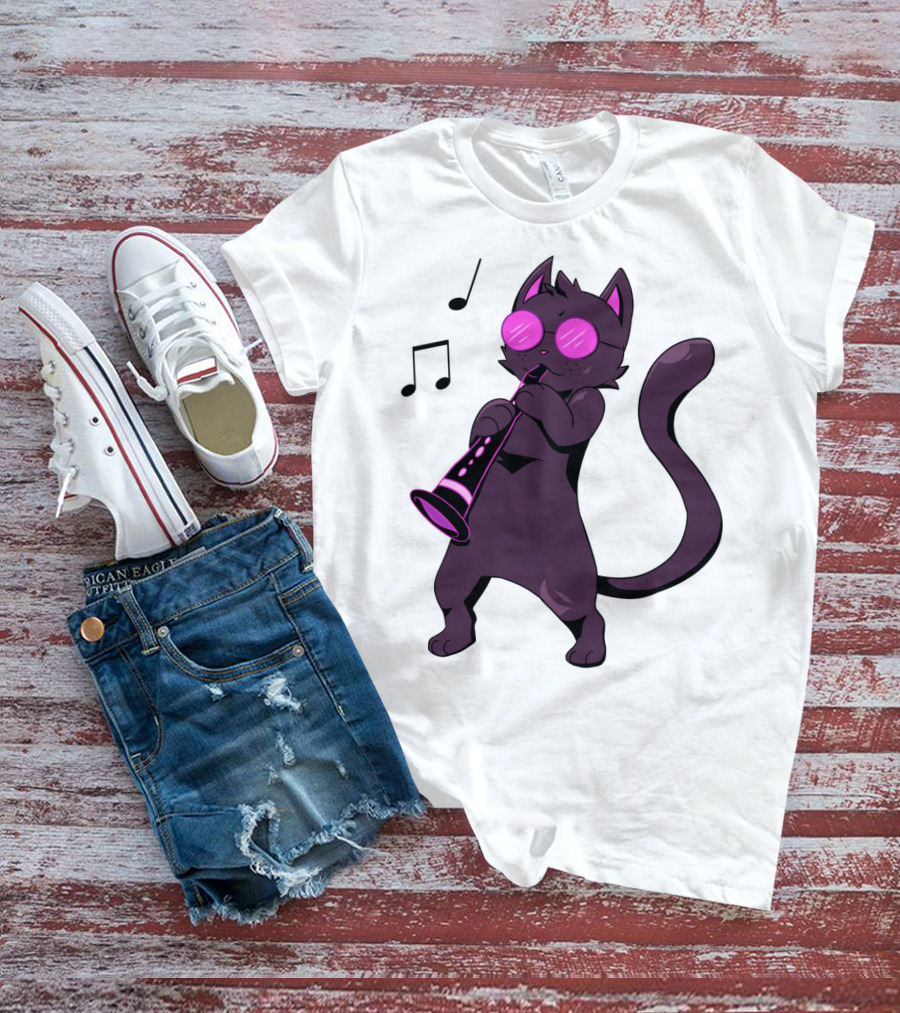 Clarinet Playing Cool Cat Hippy Hipster Kitty With Sunglasses T-Shirt