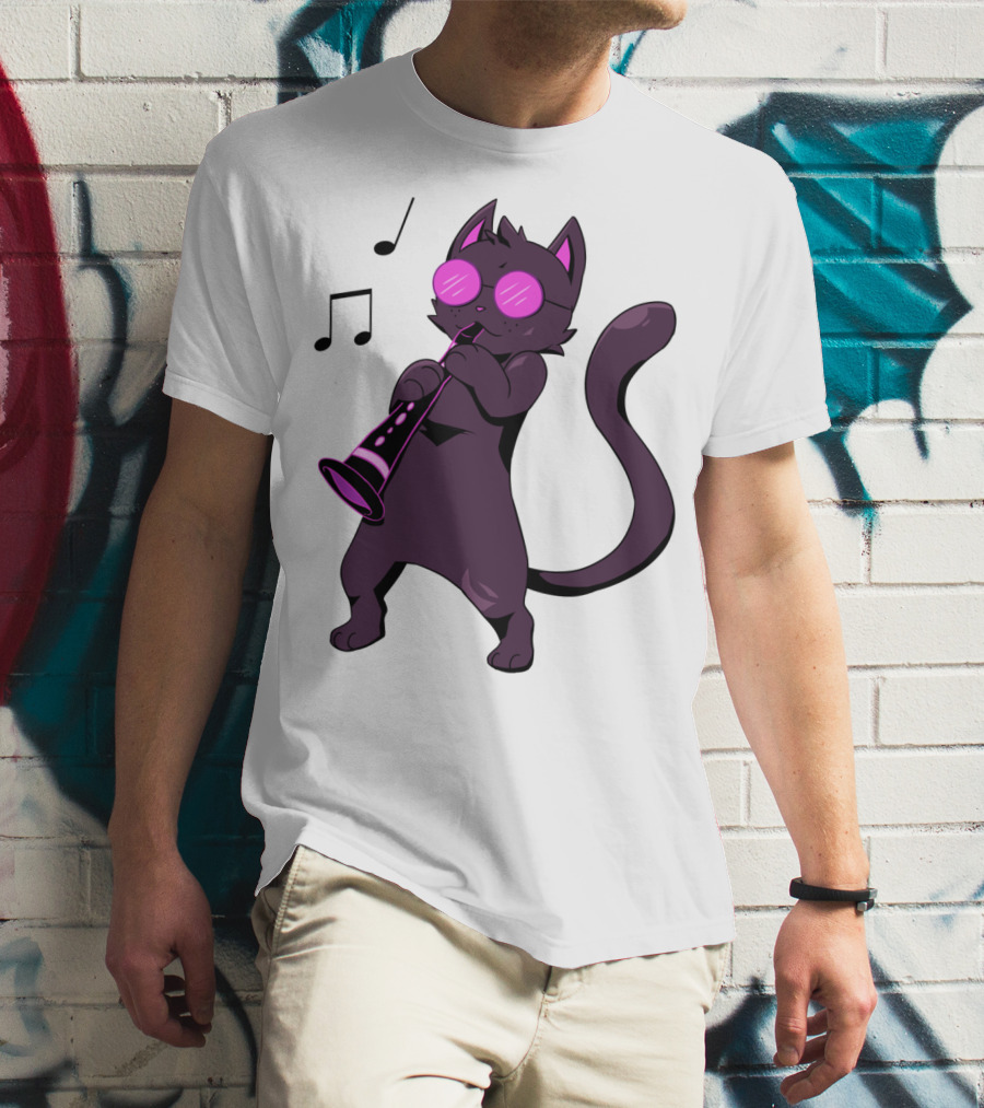 Clarinet Playing Cool Cat Hippy Hipster Kitty With Sunglasses T-Shirt