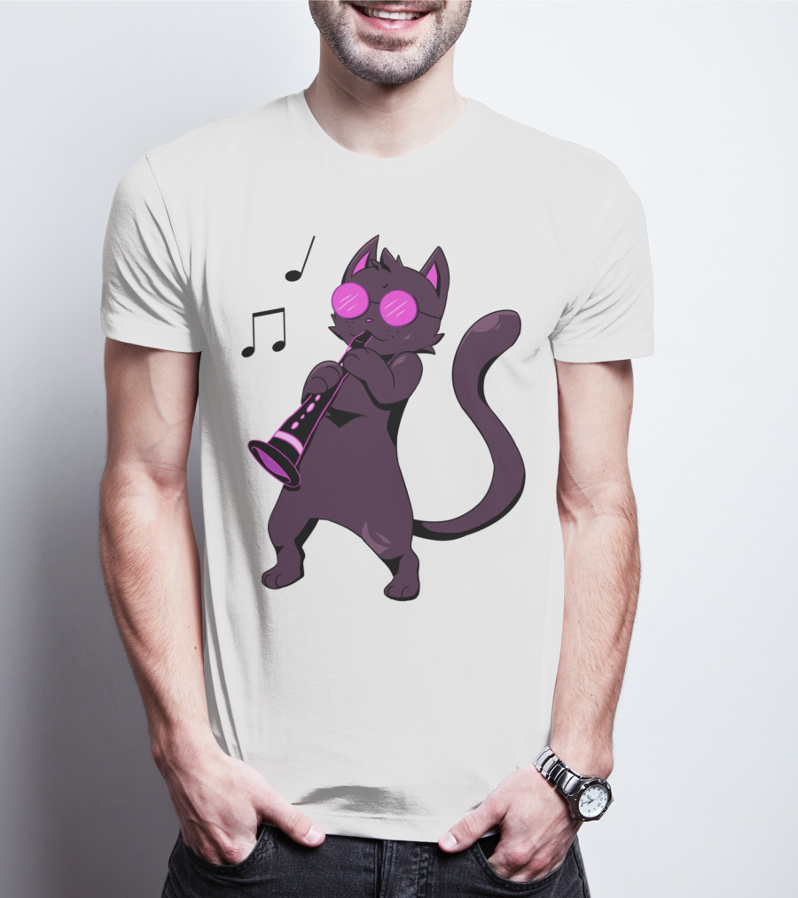 Clarinet Playing Cool Cat Hippy Hipster Kitty With Sunglasses T-Shirt