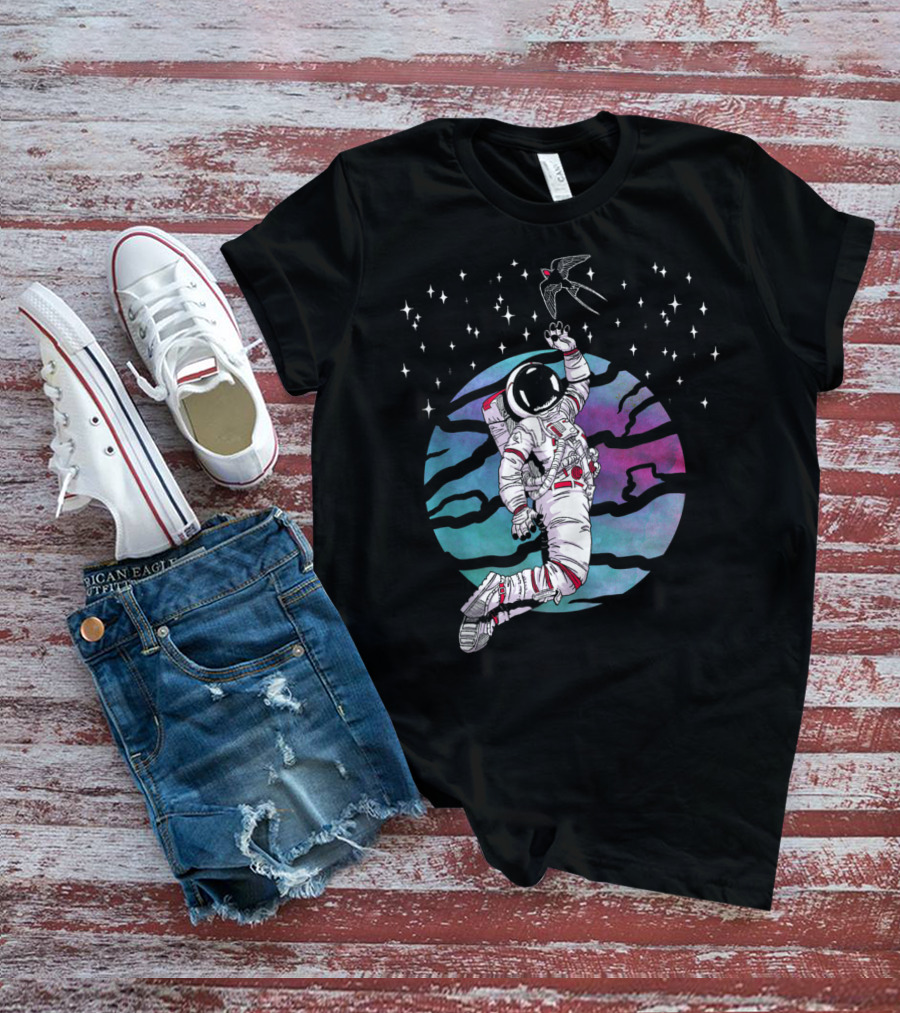 Cosmic Apparition Astronaut Reaches For Celestial Bird In Starry Universe T-Shirt