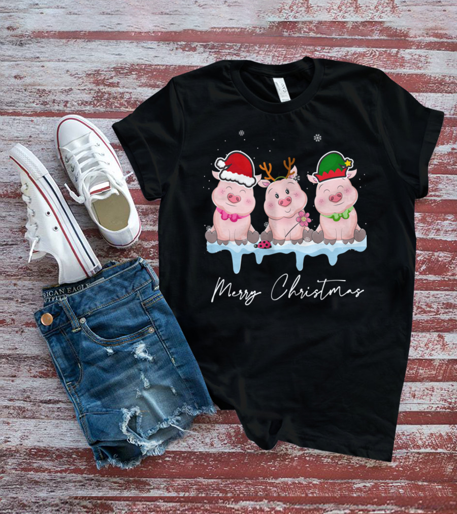 Merry Christmas Cute Pig Santa Hat Xmas Holiday Trio T-Shirt