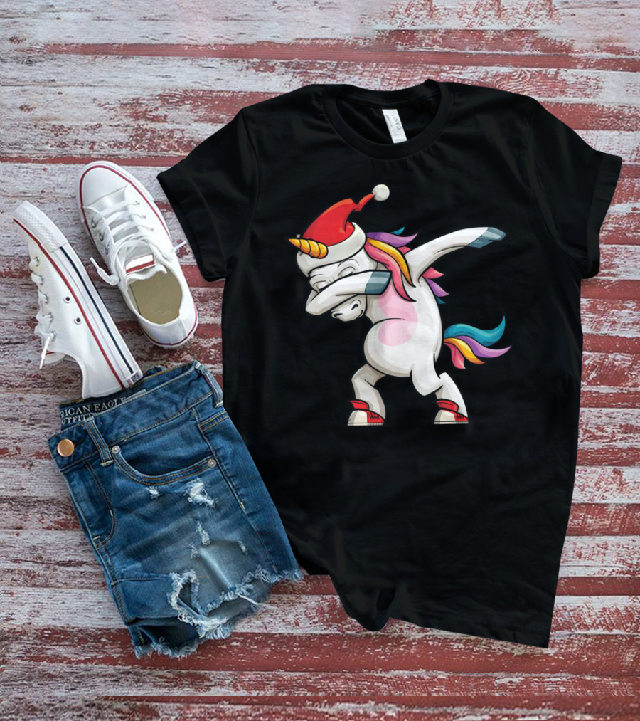 Dabbing Santacorn Xmas Funny Santa Unicorn Rainbow Mane Santa Hat T-Shirt