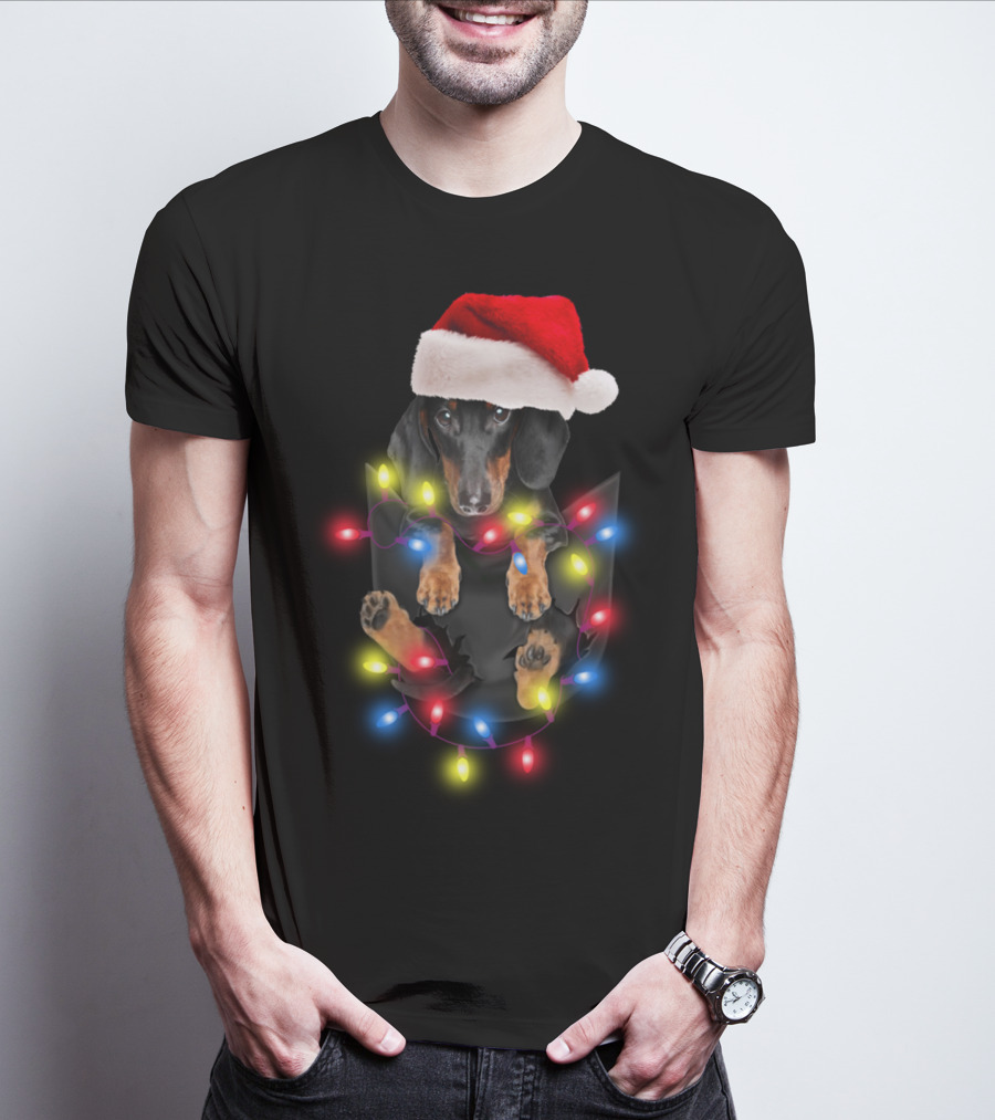 Dachshund Santa Hat Christmas Lights In Pocket Festive Holiday Puppy T-Shirt