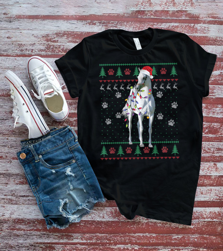 Funny Arabian Horse Santa Christmas Lights Holiday Ugly T-Shirt