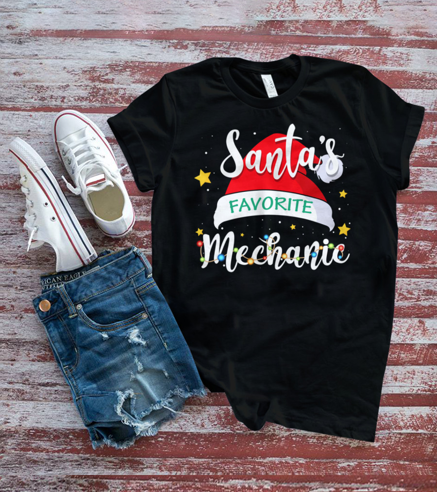 Santa's Favorite Mechanic Christmas Costume With Santa Hat And Holiday Lights T-Shirt