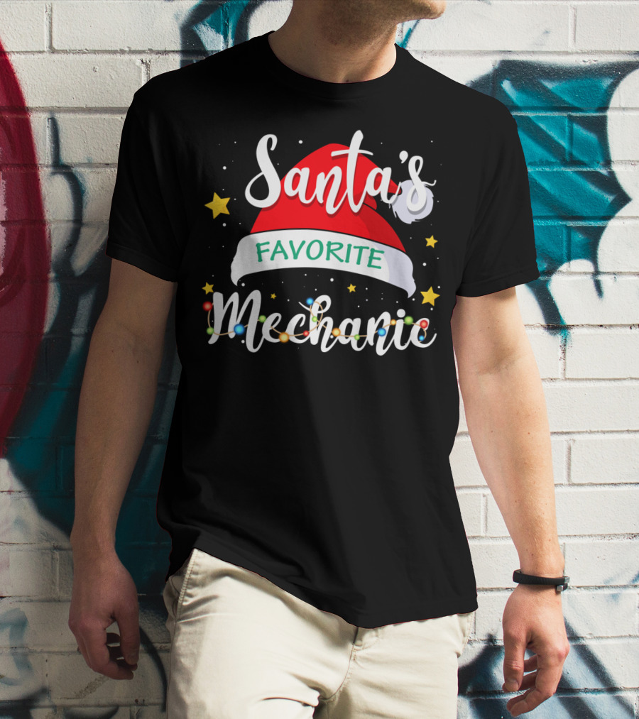 Santa's Favorite Mechanic Christmas Costume With Santa Hat And Holiday Lights T-Shirt
