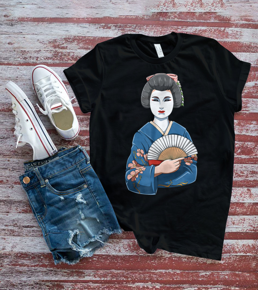 Geisha Girl Traditional Japanese Kimono Fan Blossoms T-Shirt