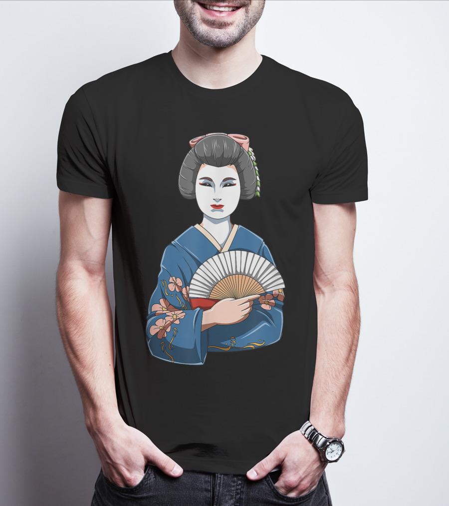 Geisha Girl Traditional Japanese Kimono Fan Blossoms T-Shirt