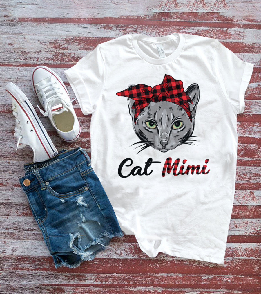 Grandma Pet Outfit Cat Mimi Buffalo Plaid Headband T-Shirt