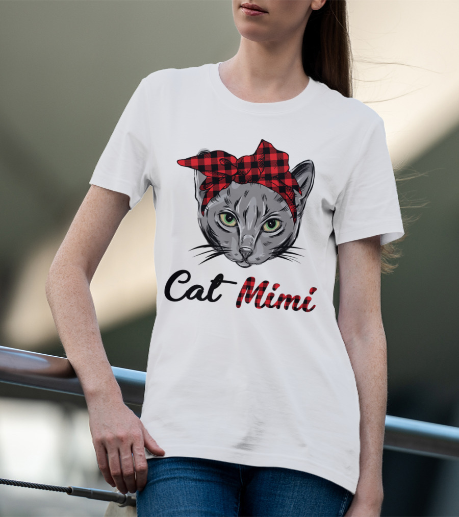 Grandma Pet Outfit Cat Mimi Buffalo Plaid Headband T-Shirt