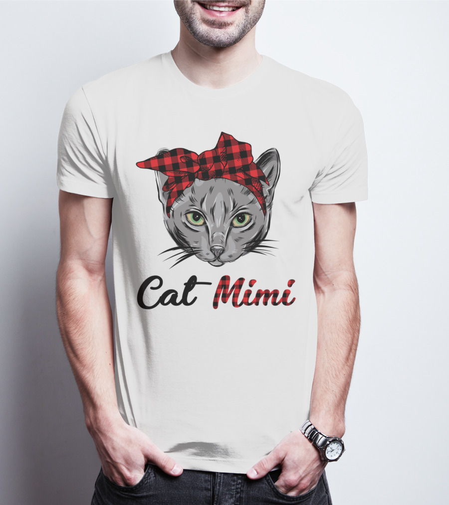 Grandma Pet Outfit Cat Mimi Buffalo Plaid Headband T-Shirt