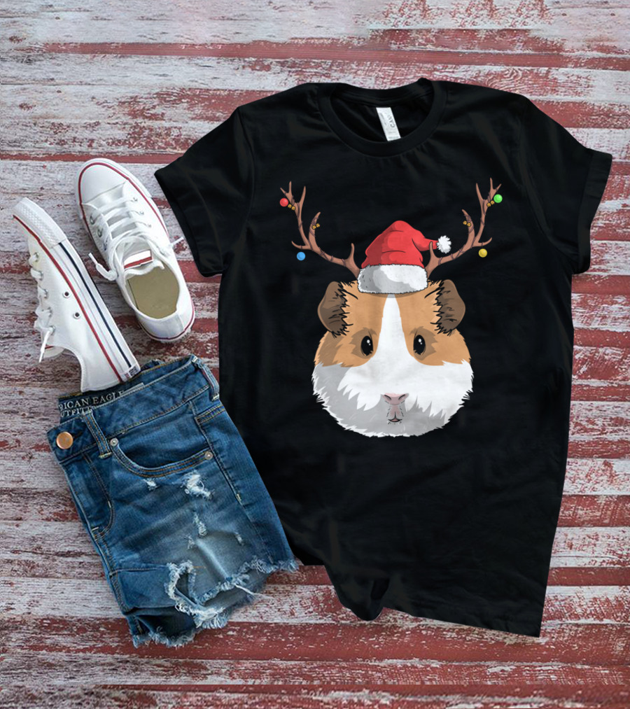 Santa Claus Hat Guinea Pig Reindeer Christmas Holiday T-Shirt