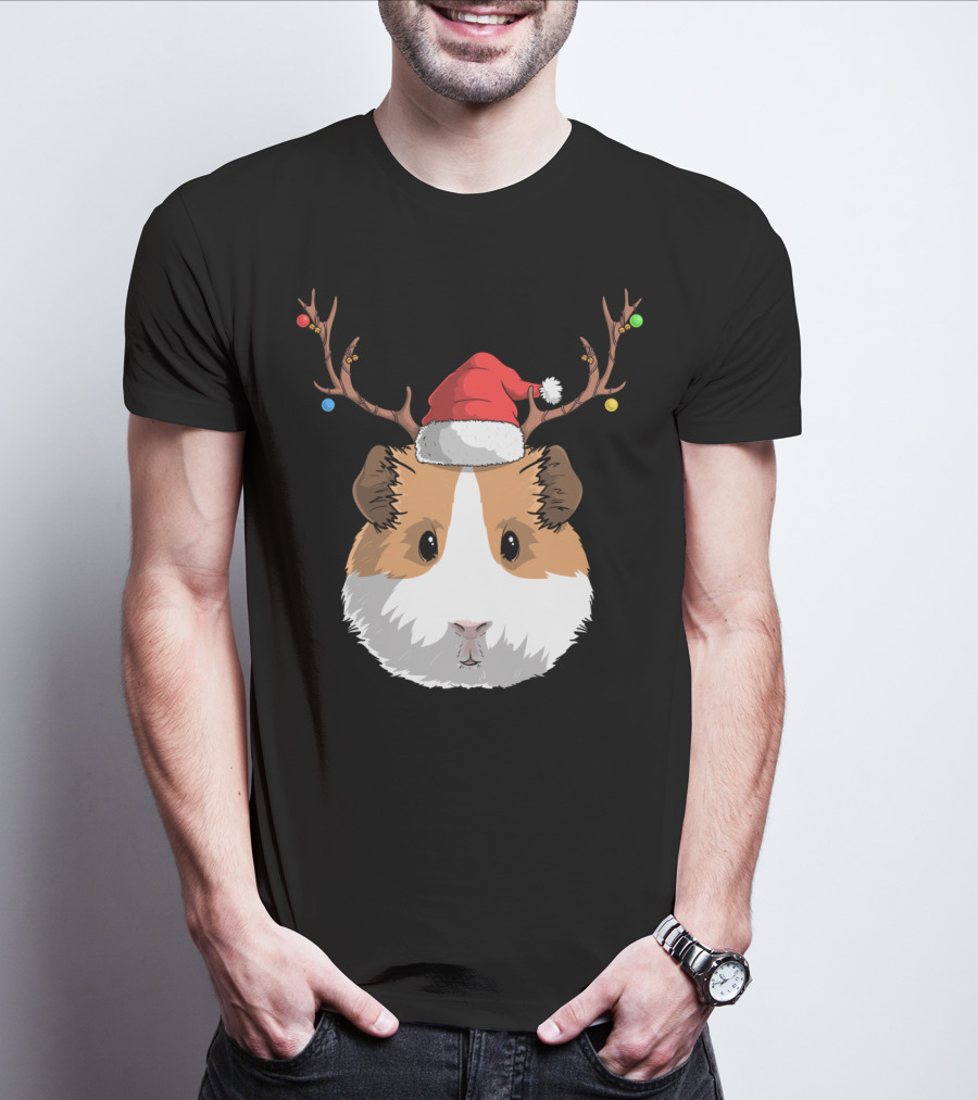 Santa Claus Hat Guinea Pig Reindeer Christmas Holiday T-Shirt