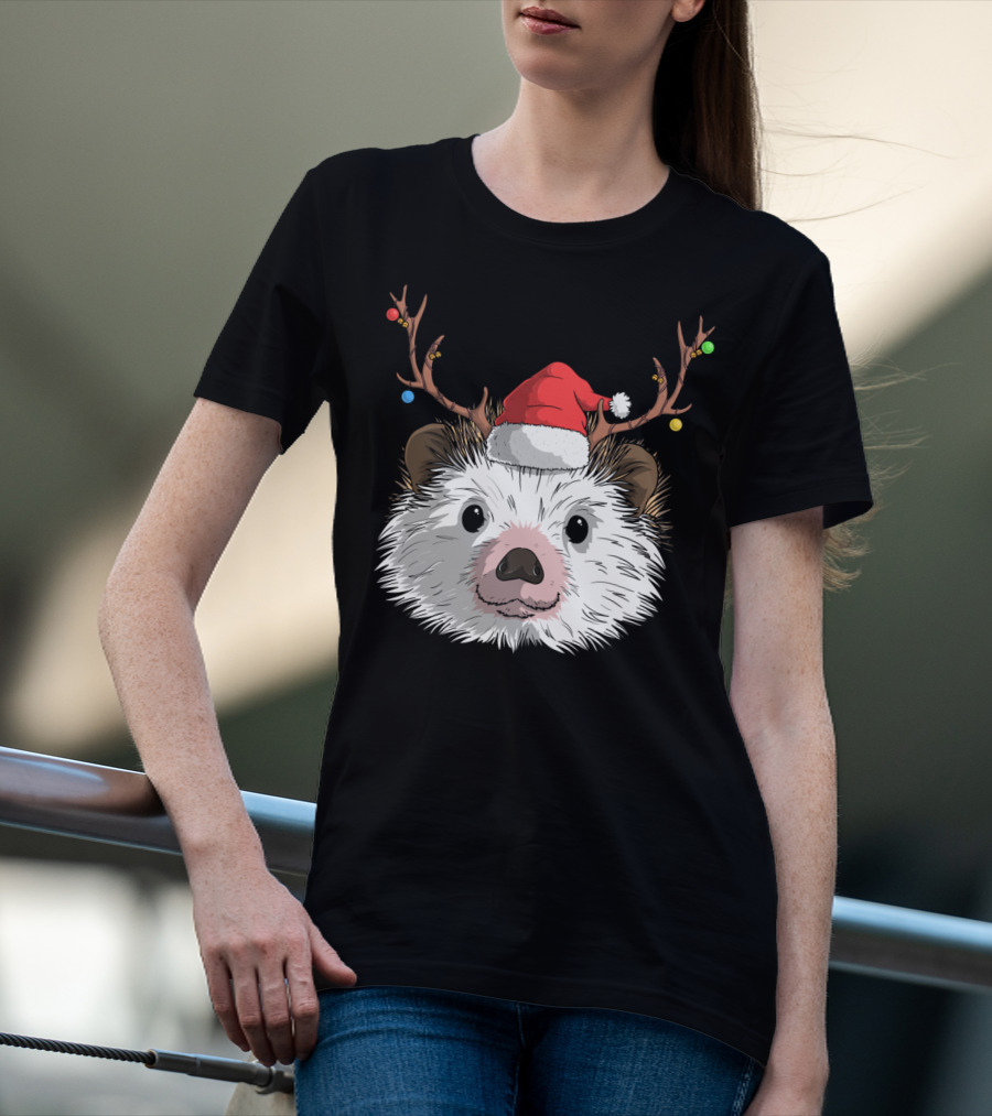 Hedgehog Santa Claus Hat Antlers Christmas Holiday T-Shirt