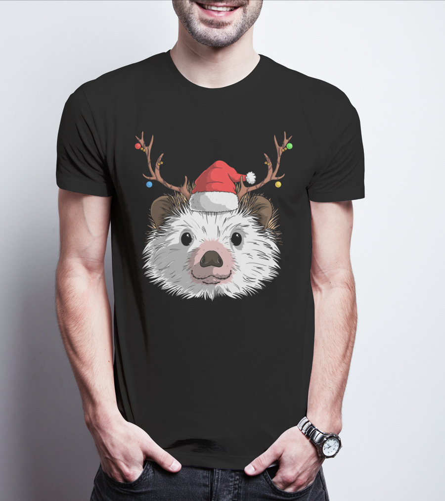 Hedgehog Santa Claus Hat Antlers Christmas Holiday T-Shirt