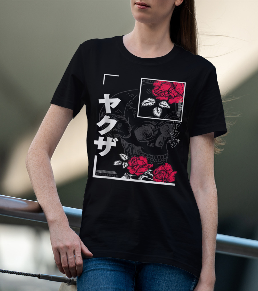 Urban Yakuza Skull And Red Roses T-Shirt