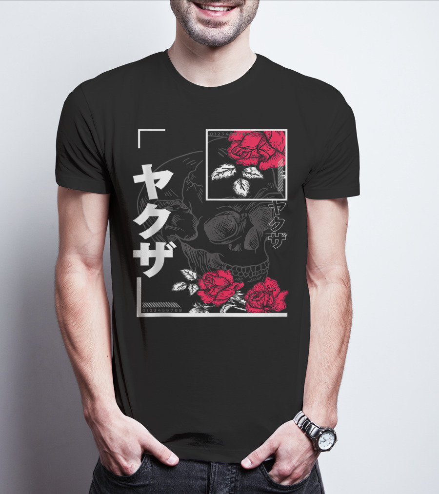 Urban Yakuza Skull And Red Roses T-Shirt