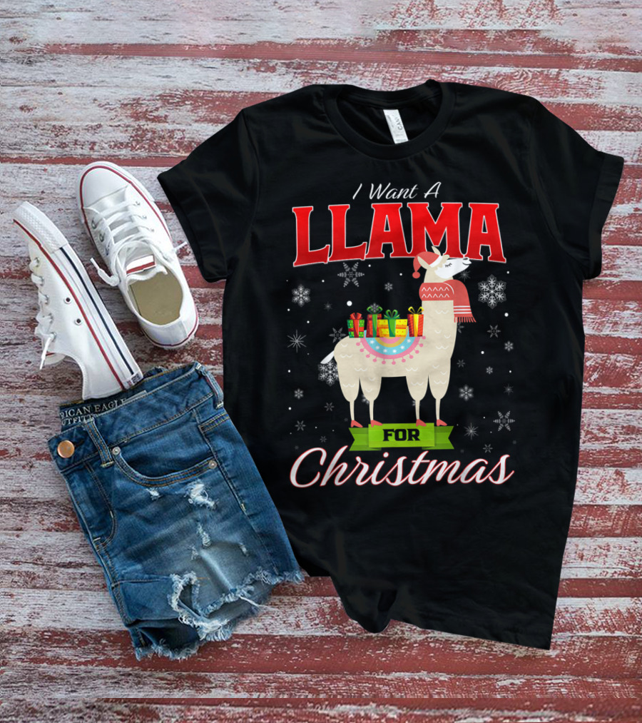 I Want A Llama For Christmas Santa Hat Snowflakes T-Shirt