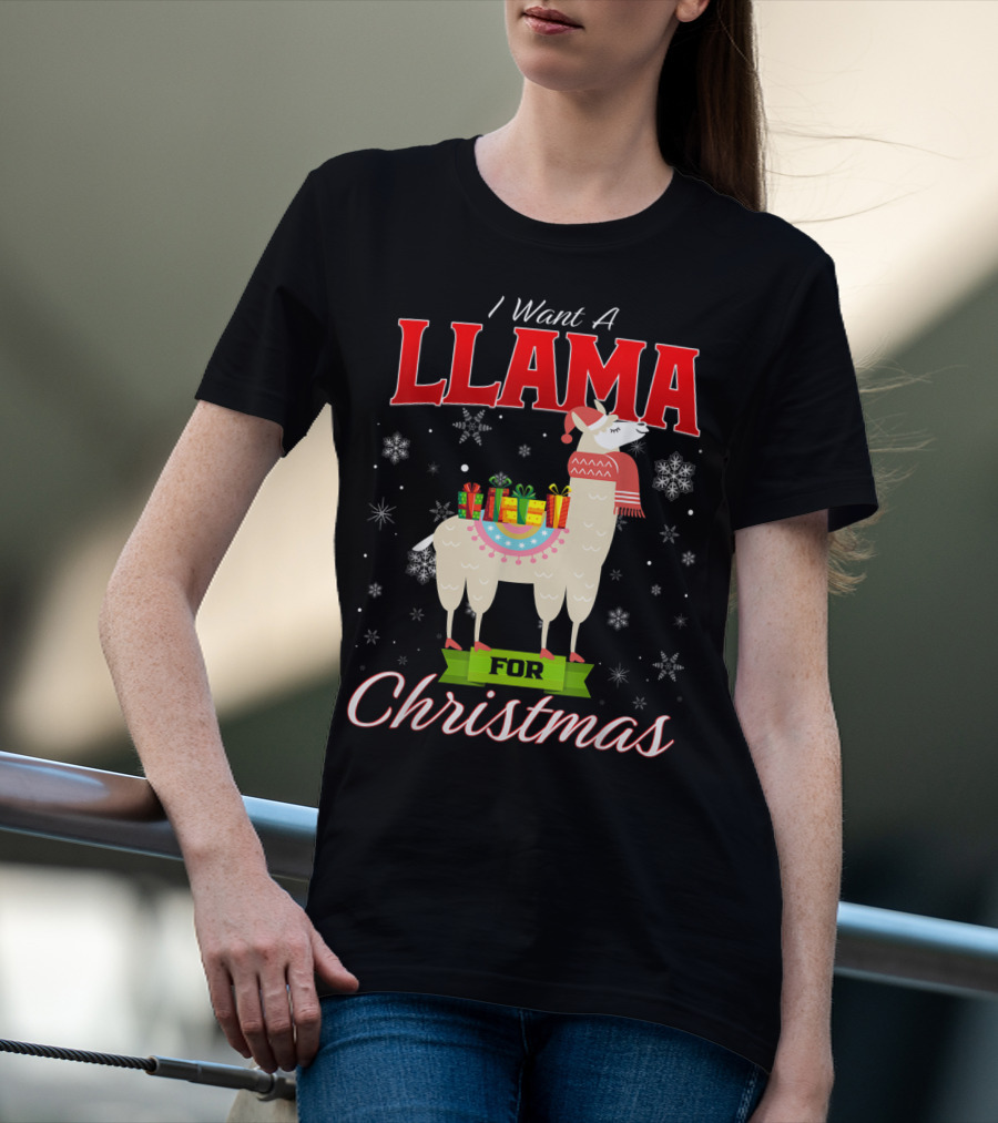 I Want A Llama For Christmas Santa Hat Snowflakes T-Shirt