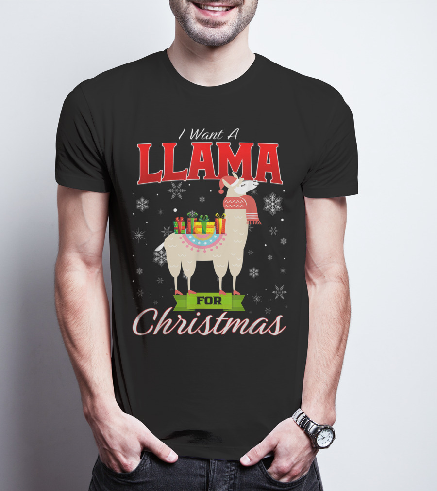 I Want A Llama For Christmas Santa Hat Snowflakes T-Shirt