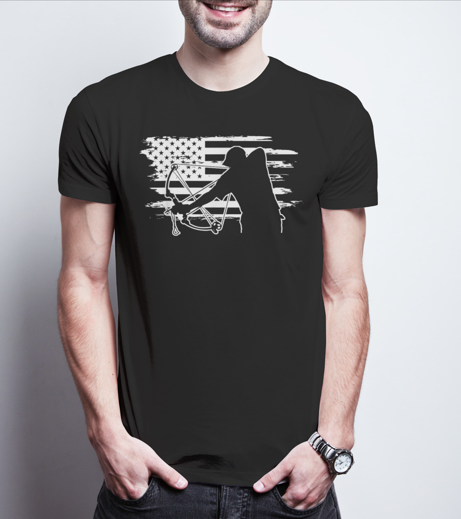 Dad Bowfishing Archer Silhouette With American Flag Background T-Shirt