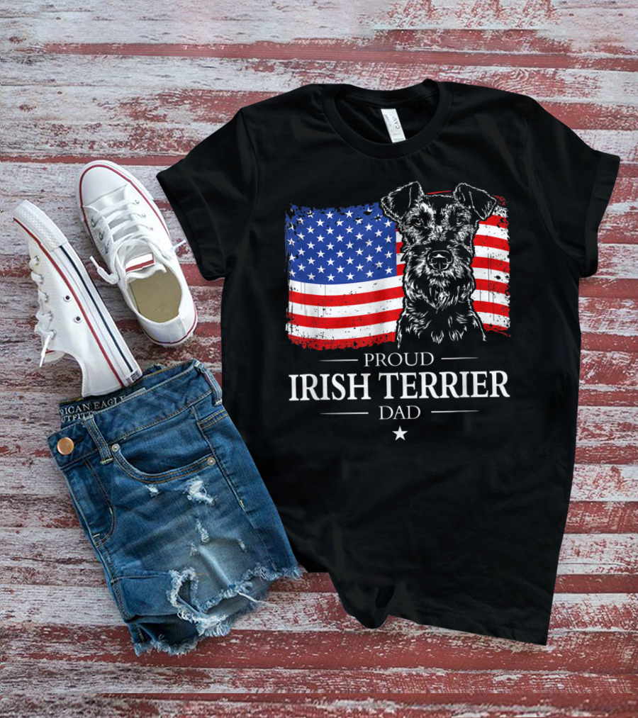 Proud Irish Terrier Dad With American Flag Background T-Shirt