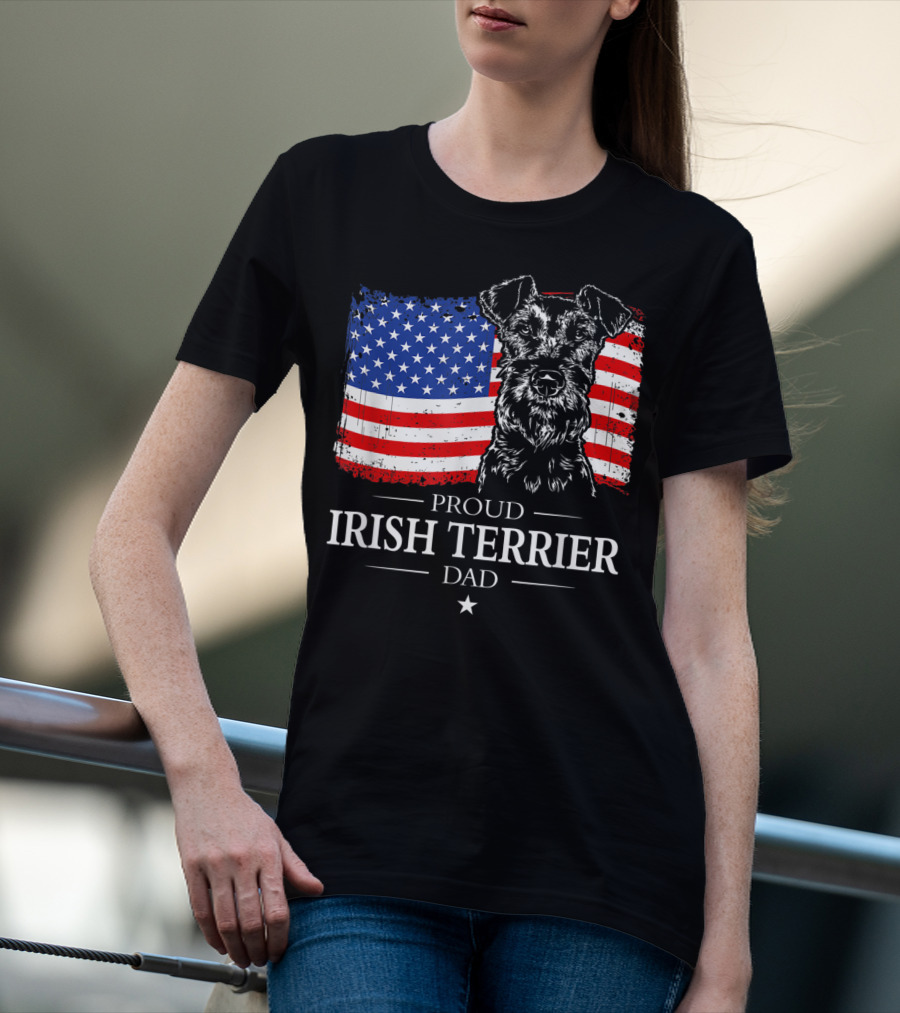 Proud Irish Terrier Dad With American Flag Background T-Shirt