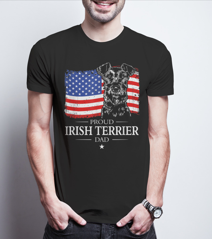 Proud Irish Terrier Dad With American Flag Background T-Shirt