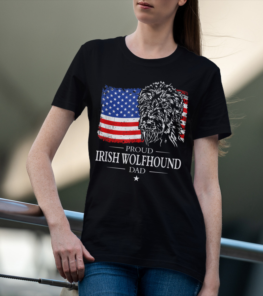 Proud Irish Wolfhound Dad American Flag T-Shirt