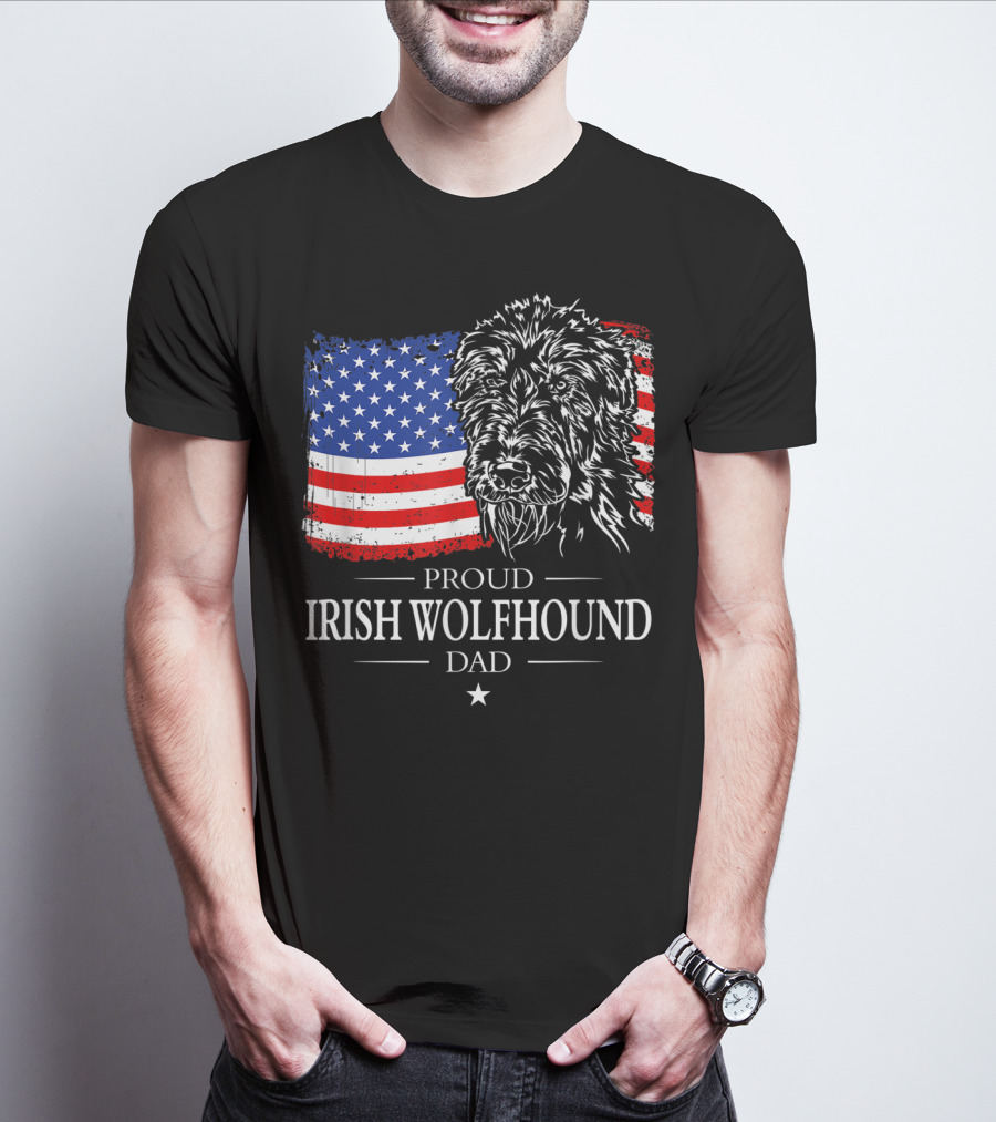 Proud Irish Wolfhound Dad American Flag T-Shirt