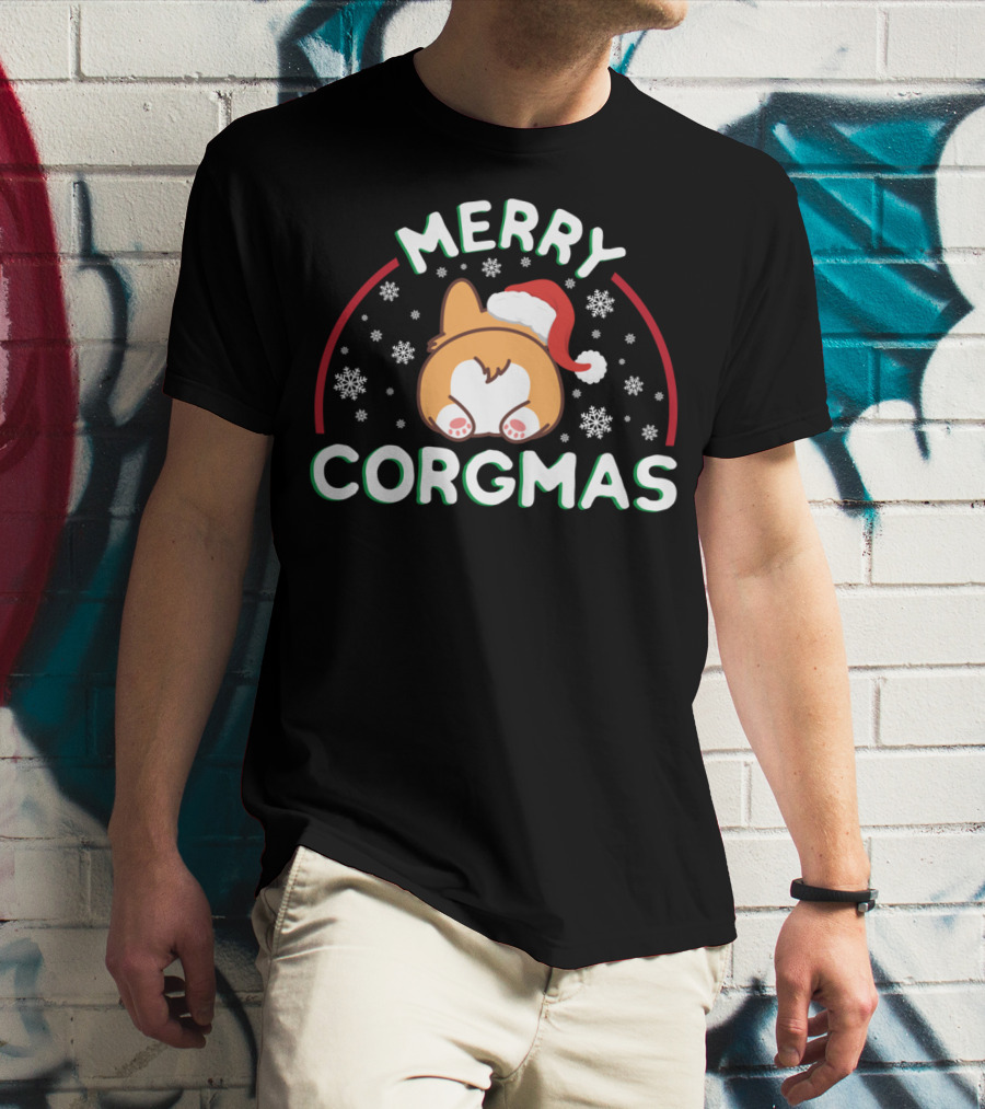 Merry Corgmas Corgi Doggo With Santa Hat And Snowflakes T-Shirt