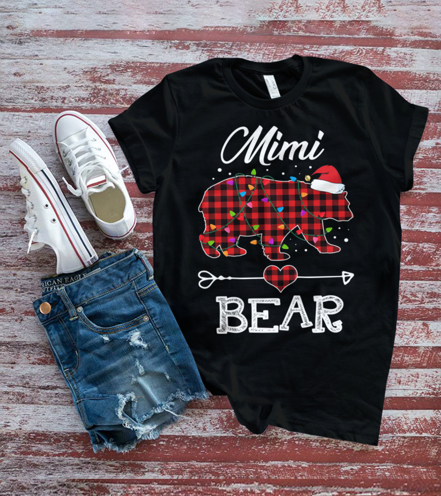 Mimi Bear Christmas Red Plaid Buffalo Santa Hat Lights T-Shirt