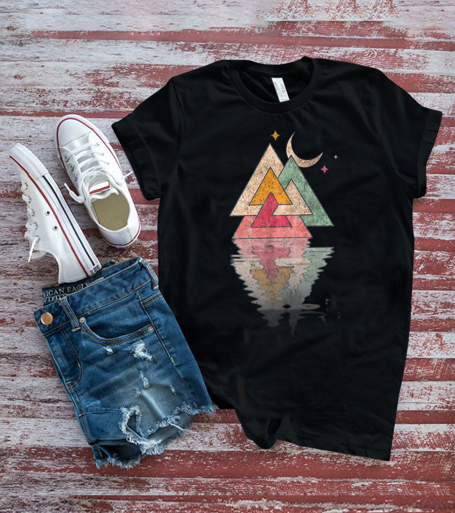 Minimal Mountains Valknut Geometry Moon Reflection T-Shirt