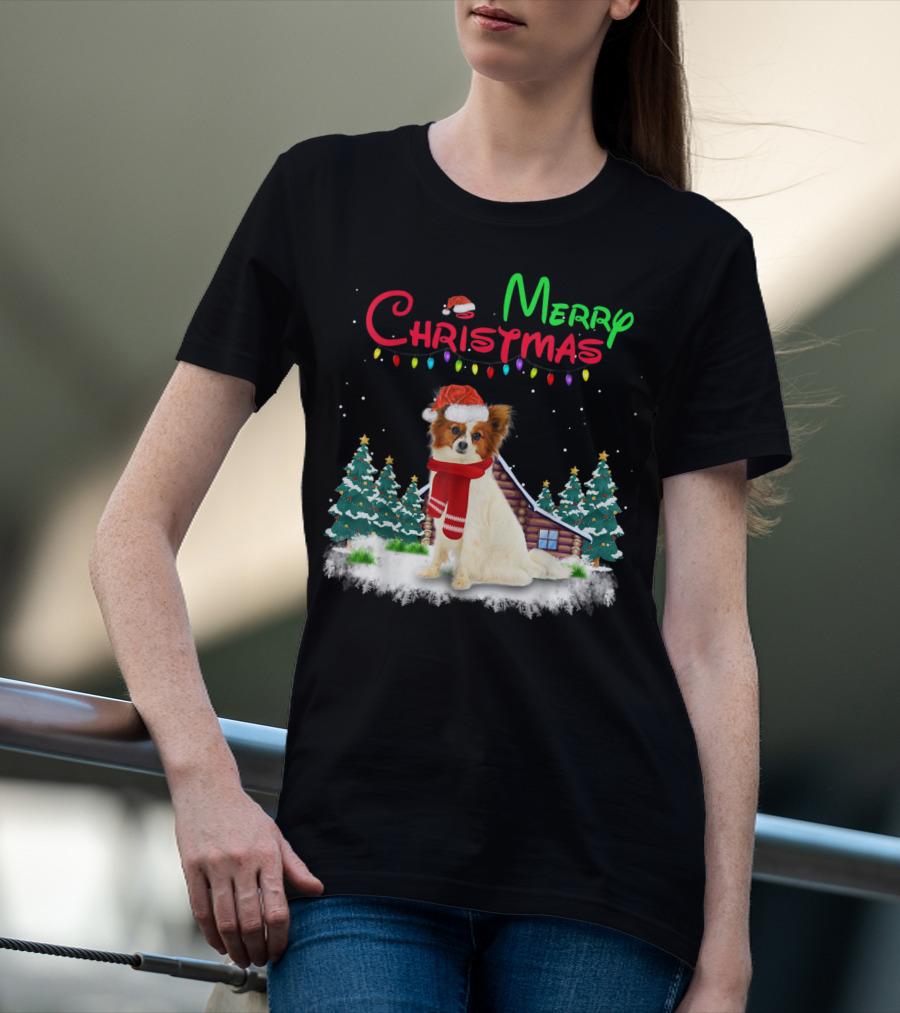 Papillon Dog With Santa Hat And Christmas Lights In Snowy Holiday Scene T-Shirt