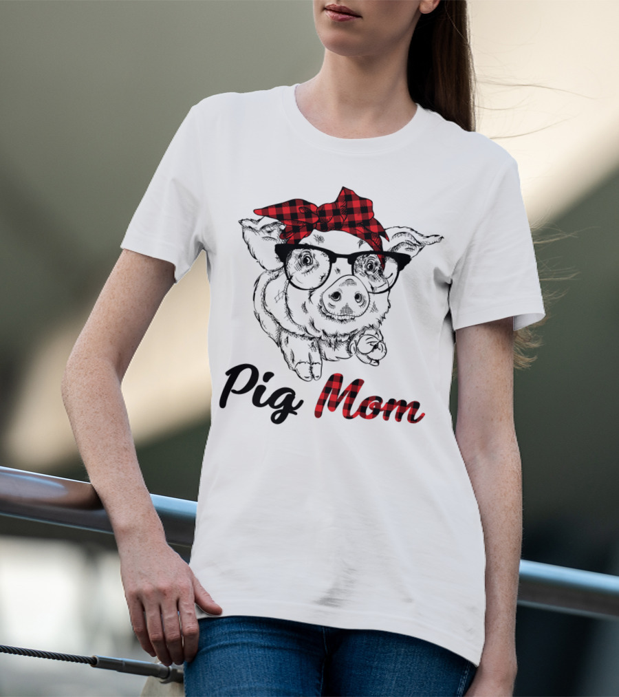 Pig Mom Piggy Outfit Mother Plaid Bow Glasses T-Shirt
