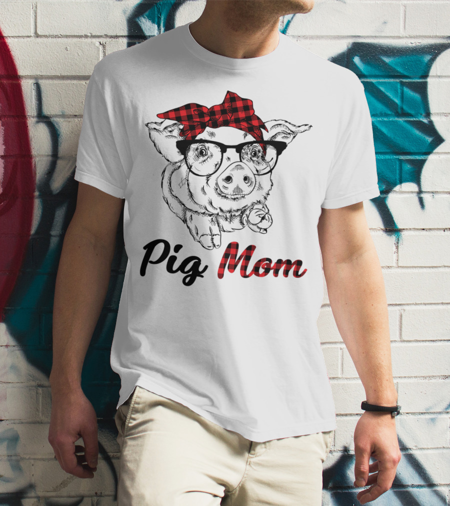 Pig Mom Piggy Outfit Mother Plaid Bow Glasses T-Shirt