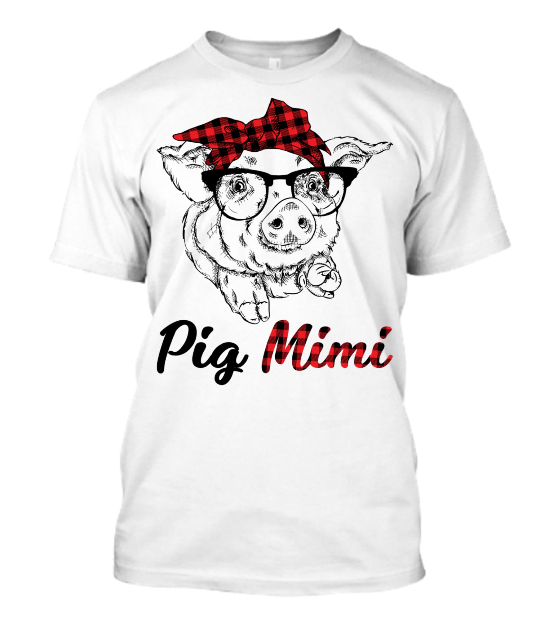 Pig Mimi Glasses Checkered Bow T-Shirt