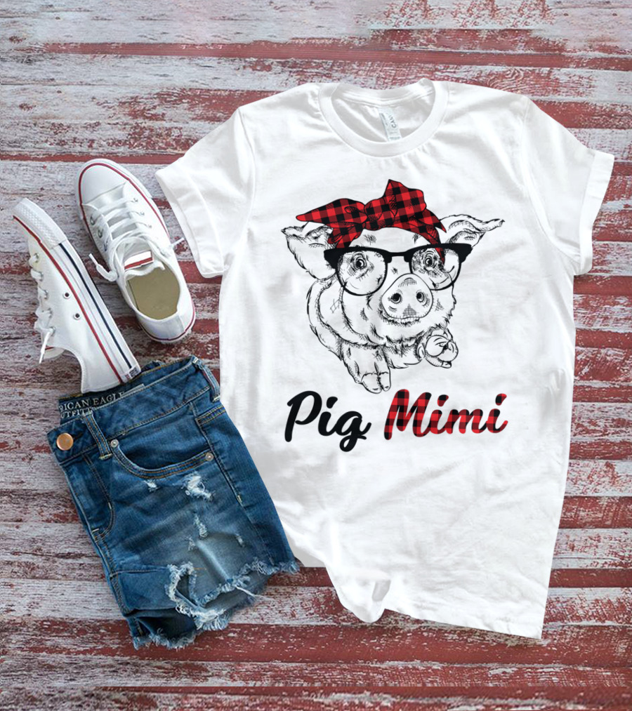 Pig Mimi Glasses Checkered Bow T-Shirt