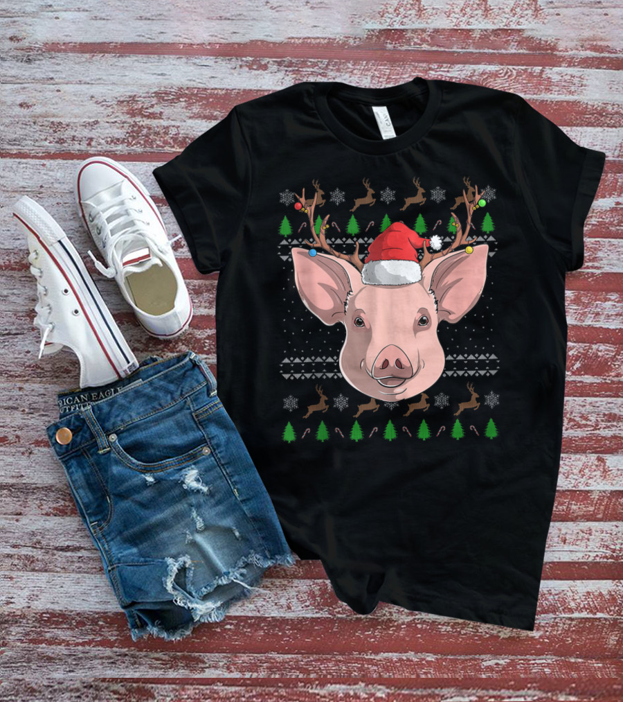 Pig Santa Claus Hat Reindeer Antlers Christmas Ornaments T-Shirt