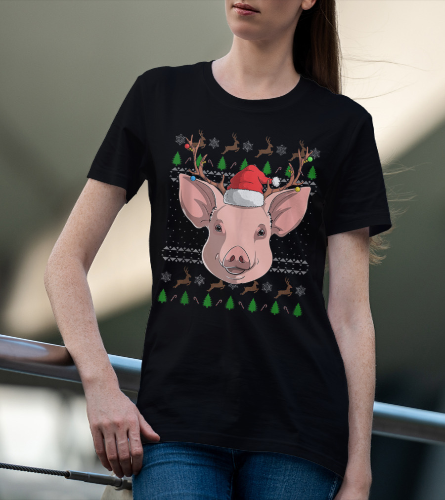 Pig Santa Claus Hat Reindeer Antlers Christmas Ornaments T-Shirt
