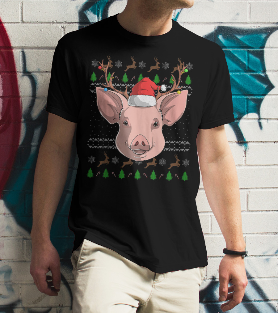 Pig Santa Claus Hat Reindeer Antlers Christmas Ornaments T-Shirt