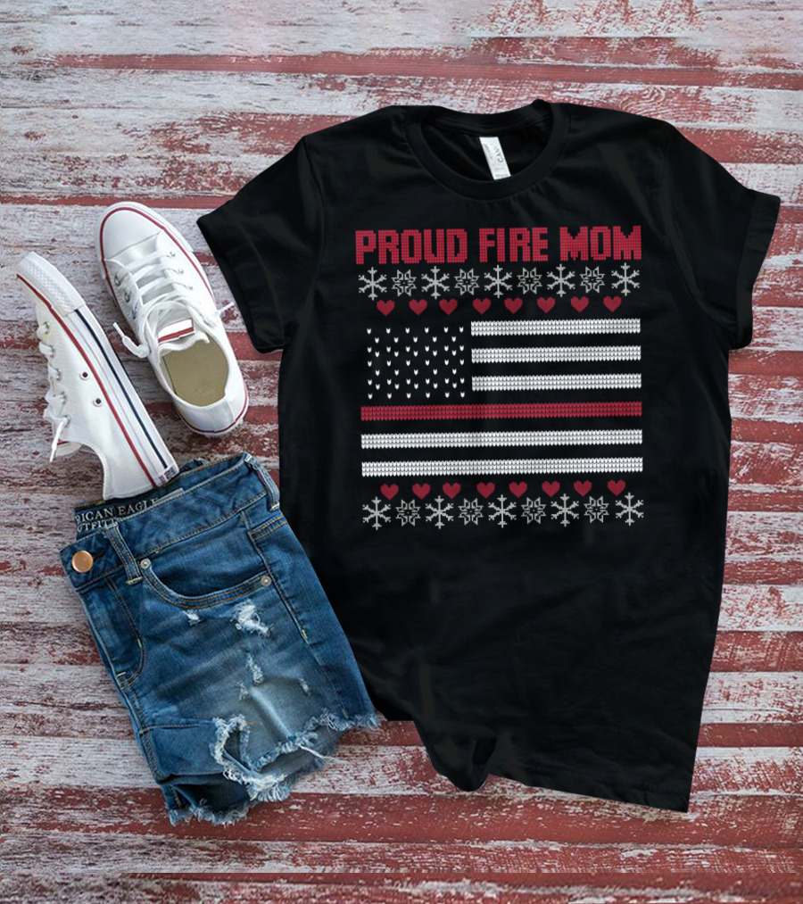 Proud Fire Mom Thin Red Line American Flag Snowflakes Hearts T-Shirt